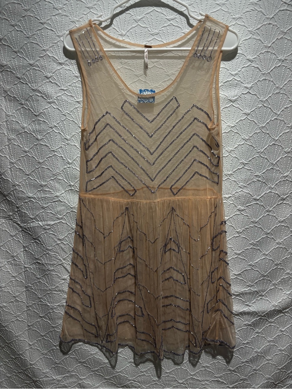 NWT Free People Intimately Beaded Mesh Tunic Dress Medium Peach Sleeveless Boho
